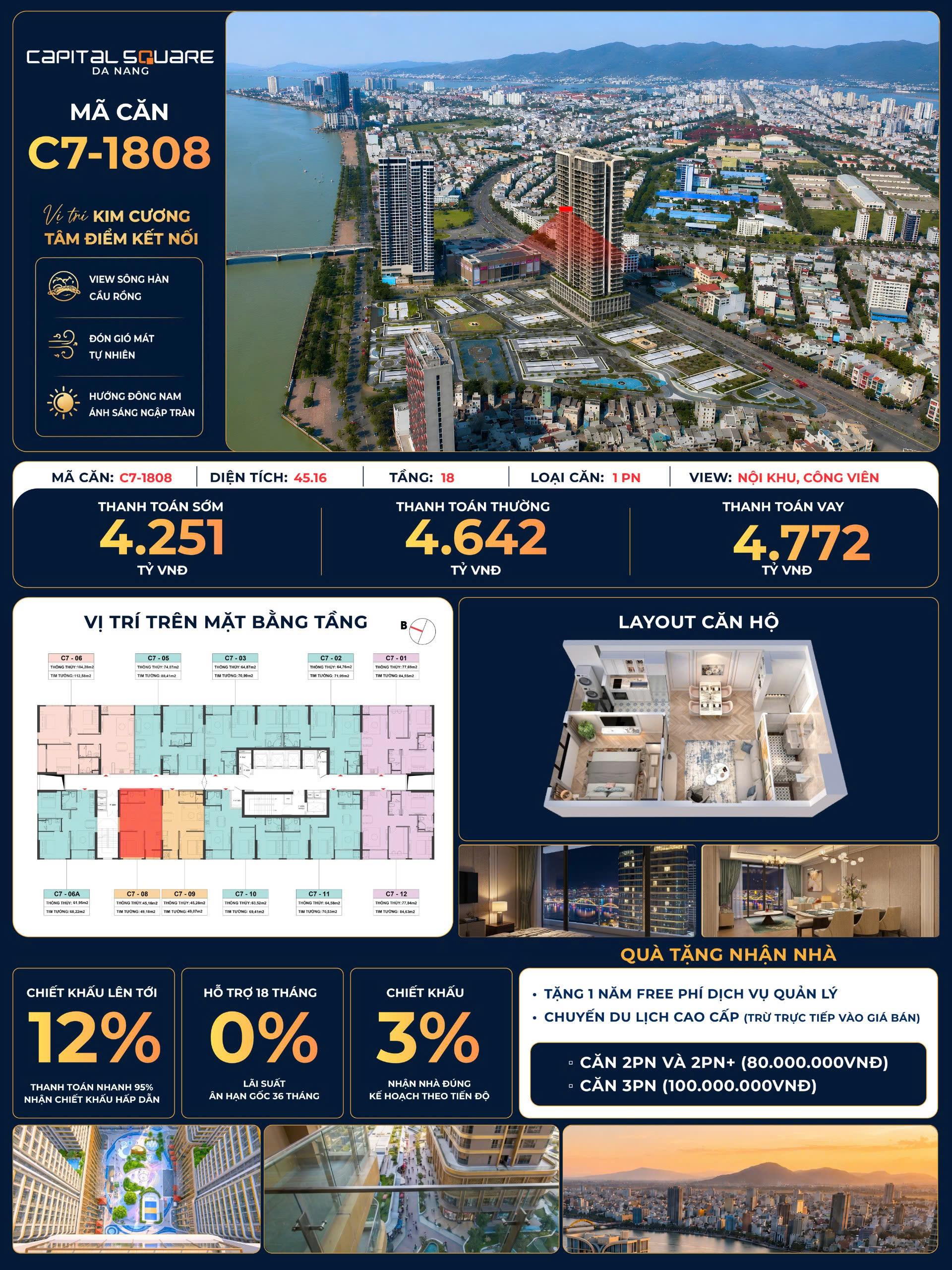 Căn hộ C7-1808 Capital Square Đà Nẵng: Diện tích 45.16m² thiết kế tối ưu – Thanh toán linh hoạt chỉ từ 4.251 tỷ!